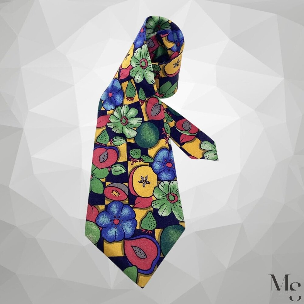 KENZO PARIS Multicolor Flower & Fruit Silk Tie Made In Italy W: 4" EX COND